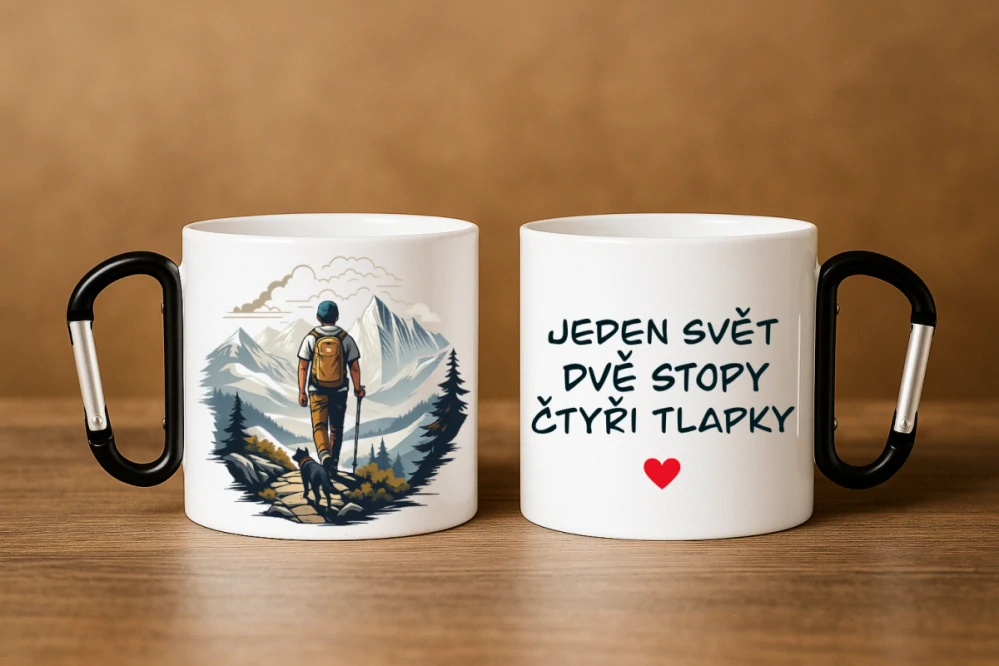 Plechový hrnek - „Jeden svět, dvě stopy, čtyři tlapky“ – 300 ml s karabinou