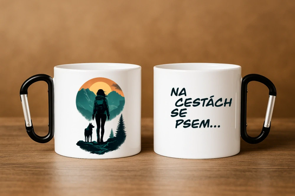 Plechový hrnek - Na cestách se psem - 300 ml s karabinou