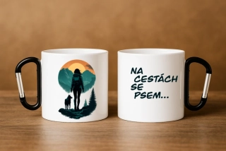 Plechový hrnek - Na cestách se psem - 300 ml s karabinou